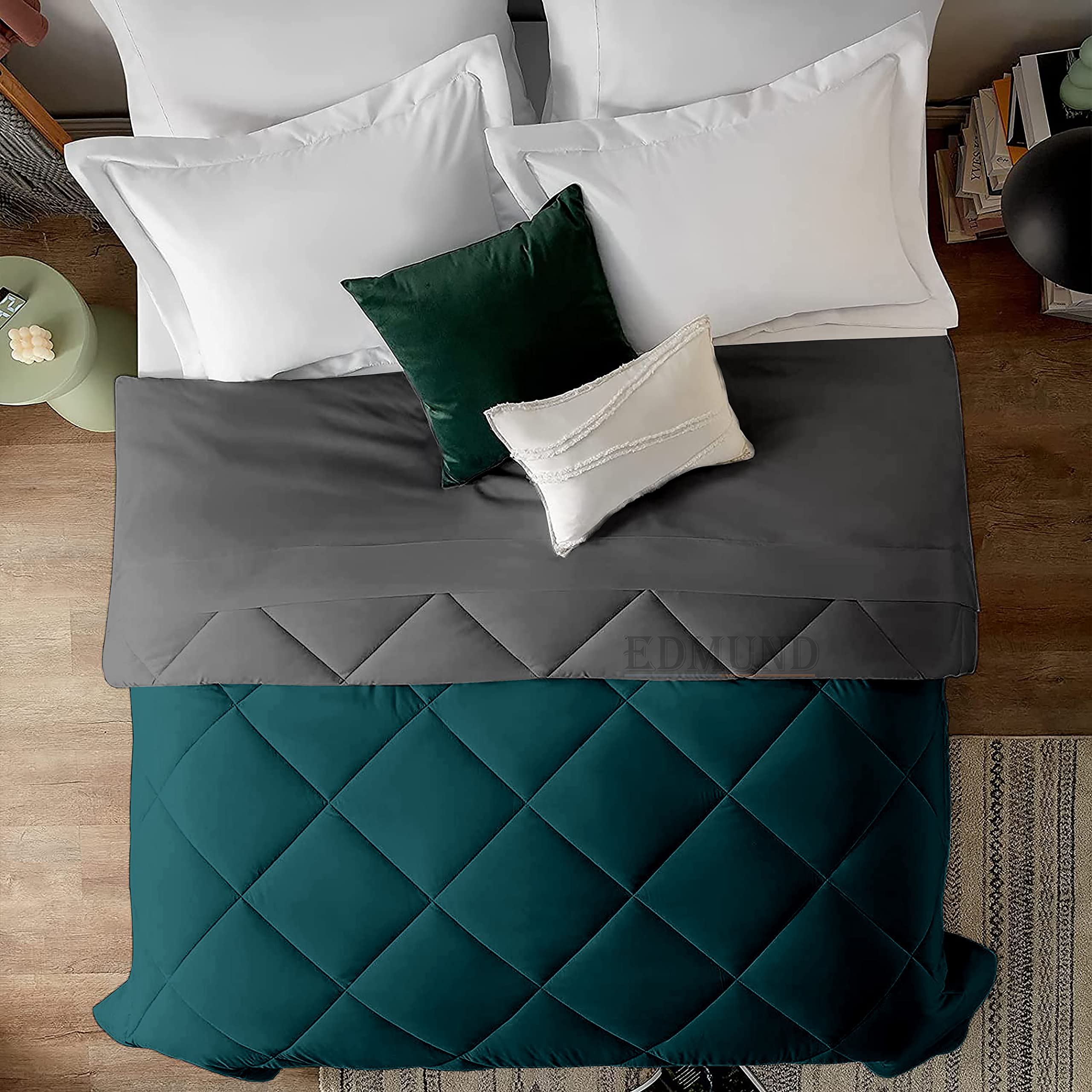 EDMUND - All Weater 200 GSM Reversible Comforter King Size Bed AC Blanket/Rajai/Quilt/Dohar (92" x 106") Diamond Stitch All Season Comforter for Double Bed King Size | Teal & Dark Grey