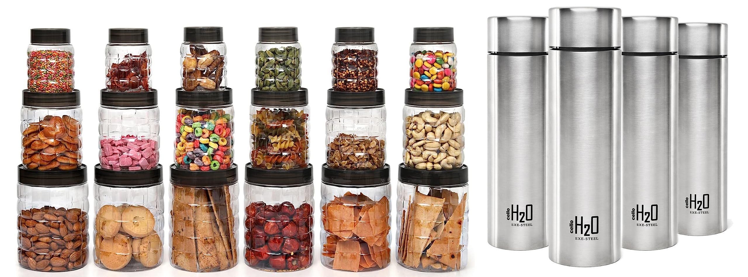 Cello H2O Water Bottle Set, 1 Litre, Set of 4, Silver Checkers Plastic PET Canister Set, 18 Pieces, Clear (B0C99MTHJD) Amazon Price History, Amazon Price Tracker
