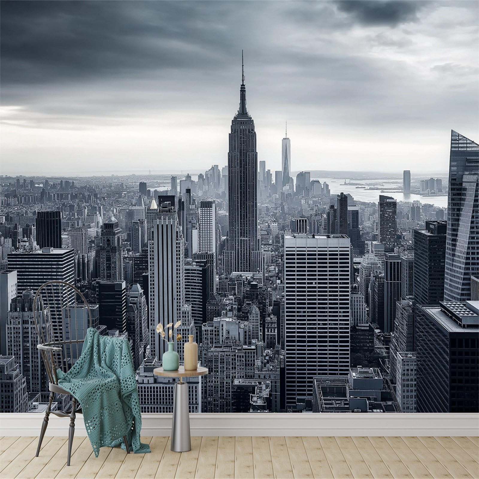 Papier peint panoramique paysage 3D gris New York pour grand mur