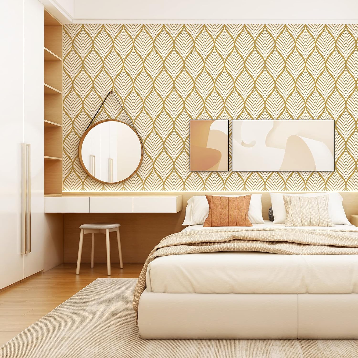 Boho Peel and Stick Wallpaper Gold Geometric Self-Adhesive Contact Paper Removable Vinyl Wrap Waterproof Wall Paper Roll for Bedroom Kitchen Furniture Shelf Drawer Liner DIY 17.5"x393.7"