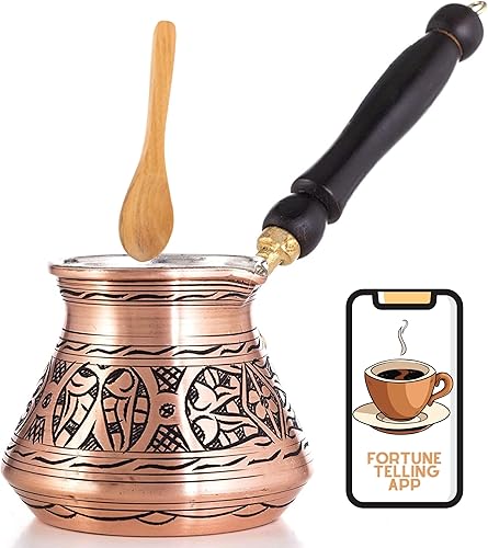 Erbulus Cafetera turca griega árabe de cobre de 12 onzas con aplicación Fortune y mango de madera (4 tazas), cafetera turca Cezve, Ibrik, cafetera