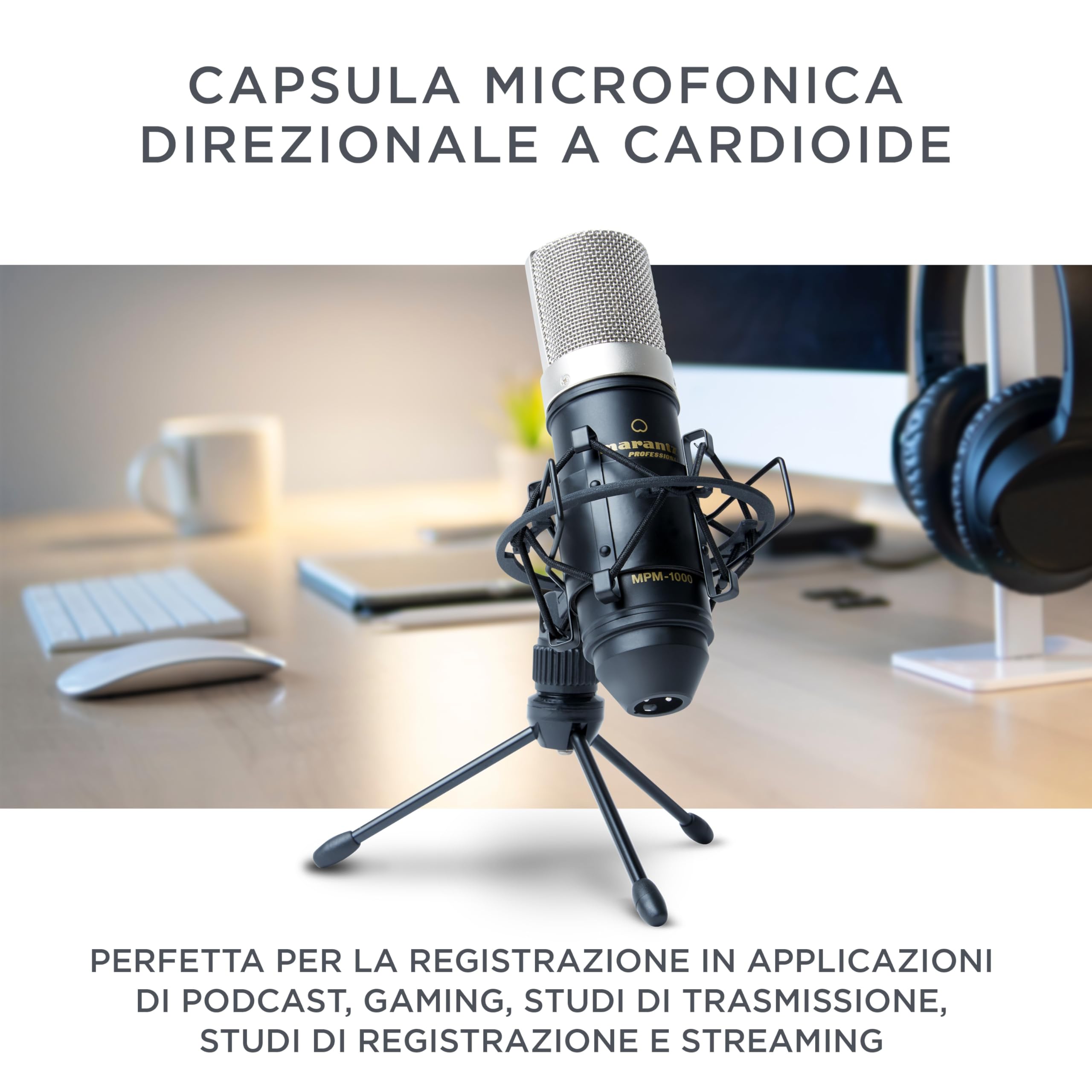 Marantz Professional MPM-1000 - Microfono da Studio a Condensatore XLR con Supporto da Tavolo e Cavo per Podcast, Streaming, Canto, Telelavoro e Giochi