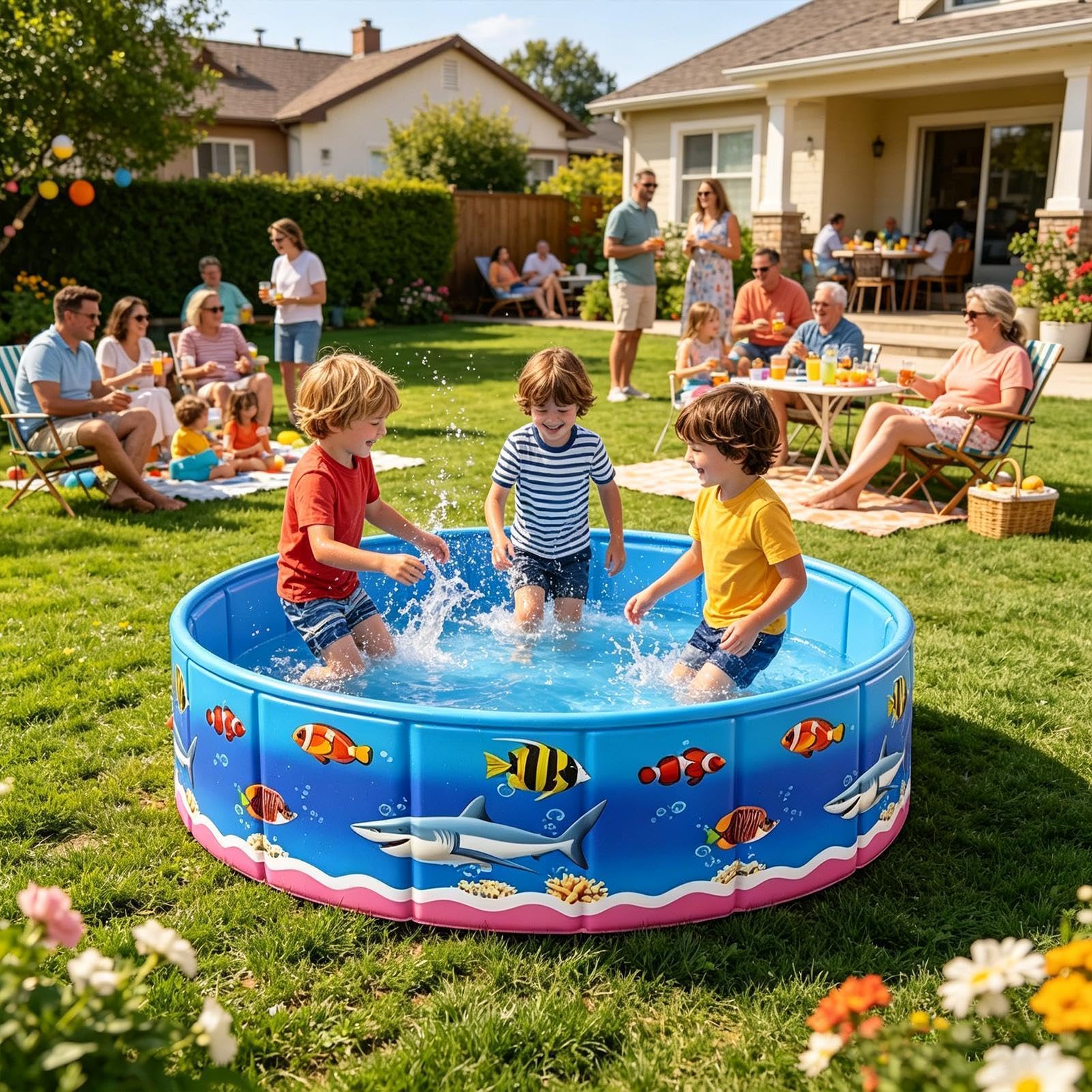 Piscina Esterna Vasca Rotonda A Tema Marino Con Guscio Rigido | Piscina Pieghevole Senza Gonfiaggio Con Disegni Divertenti Acquatico Estivo Per Cane Nel Patio O In Giardino