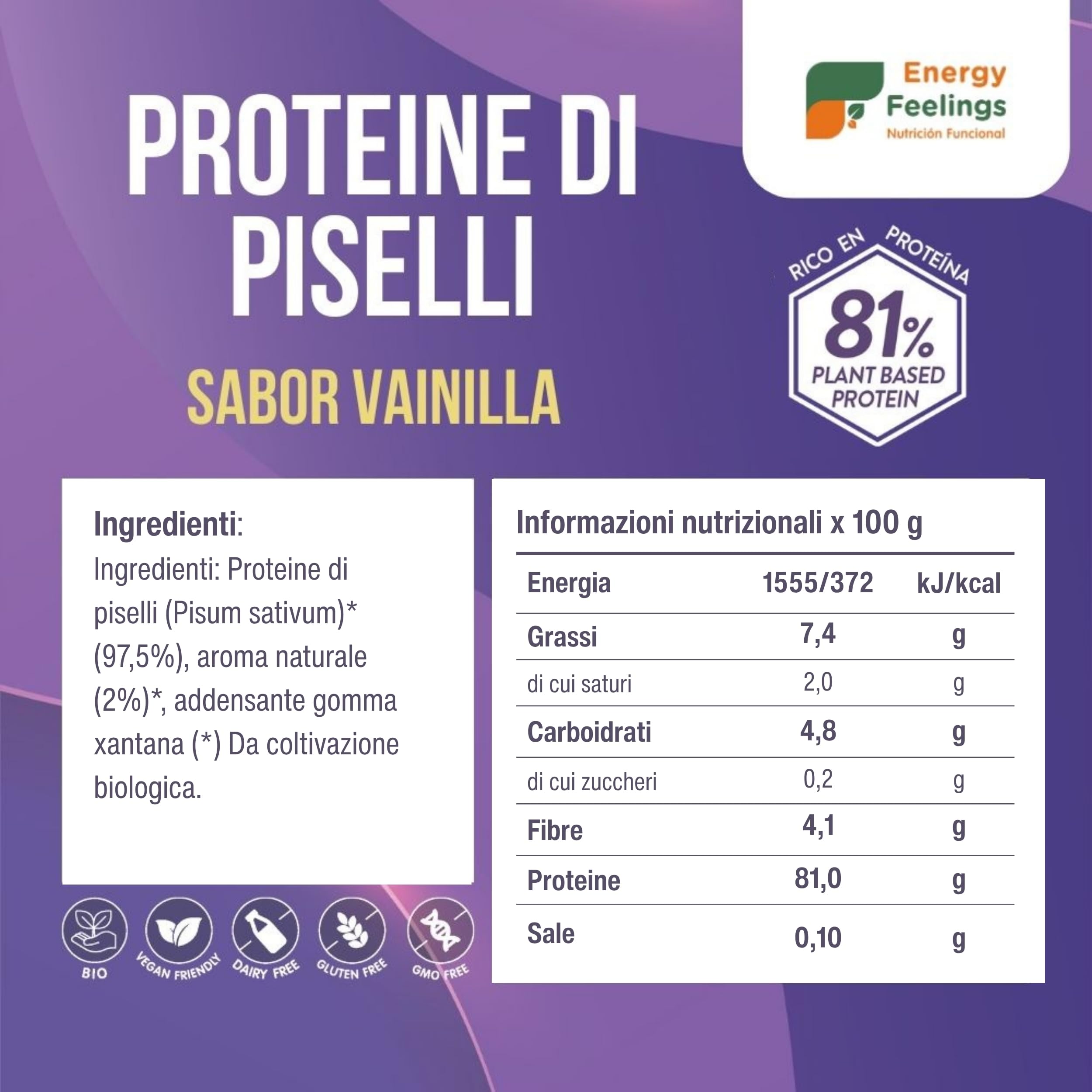 F Energy Feelings Proteine di Piselli al Gusto di Vaniglia in Polvere BIO 1 Kg / 81% Proteine Vegetali / Proteine Vegane Massa Muscolare e Dimagrire / Senza Zuccheri Aggiunti, Lattosio né Glutine