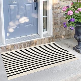 KILOCOCO Beige Striped Rug 2.3x3.6 Ft Hand Woven Cotton Washable Outdoor Indoor Door Mat for Porch Entryway Kitchen Farmhouse