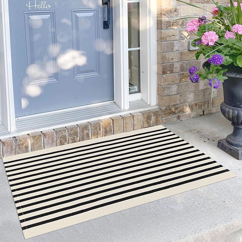 KILOCOCO Beige Striped Rug 2.3'x3.6' Indoor Outdoor Rugs Front Door Mat | Cotton Washable Striped Front Porch Rug, Woven Layered Doormats, Welcome Mat for Entryway, Low Pile Kitchen Rugs