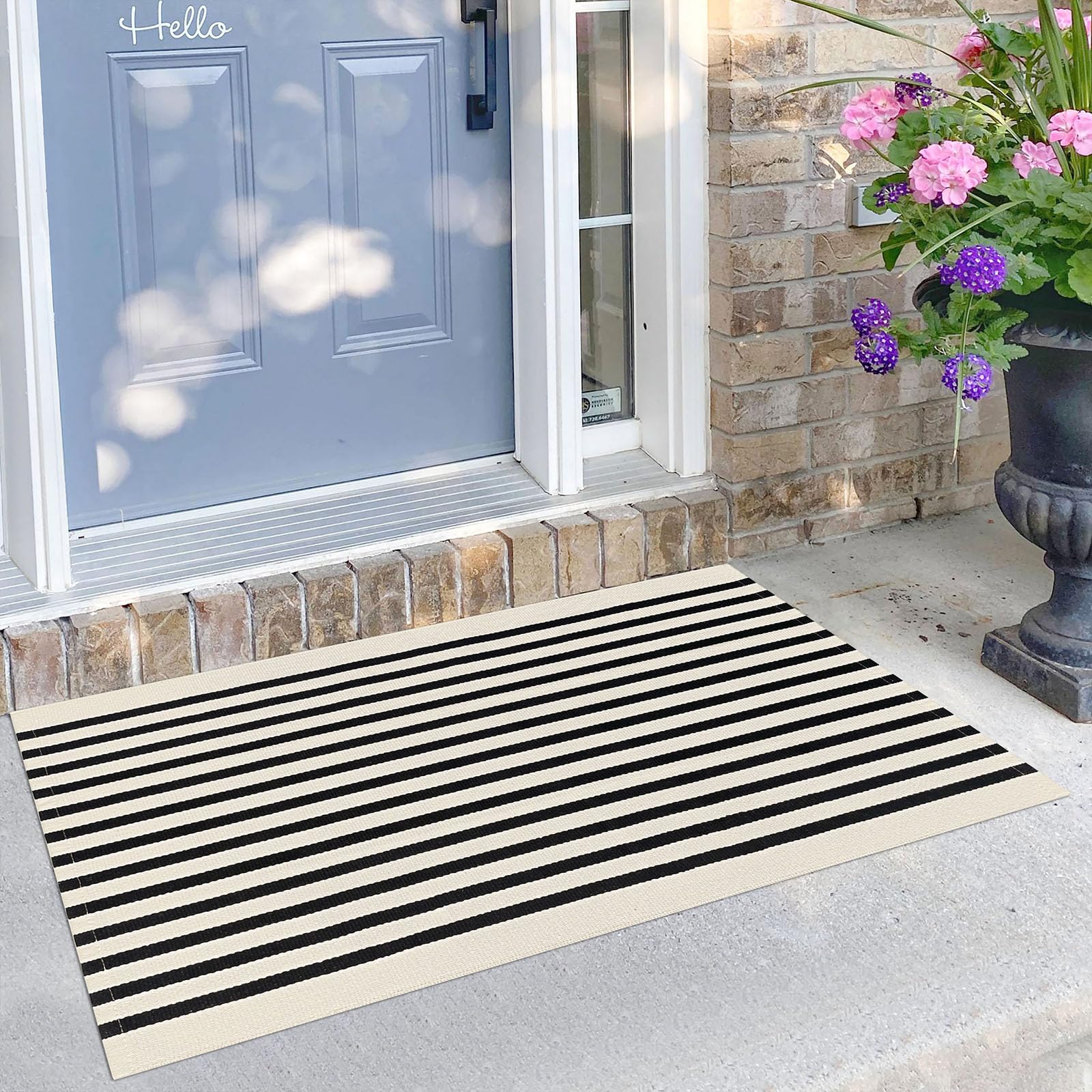 KILOCOCO Beige Striped Rug 2.3'x3.6' Indoor Outdoor Rugs Front Door Mat Hand Woven Cotton Washable Striped Layered Doormats for Front Porch/Kitchen/