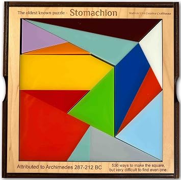 Creative Crafthouse Stomachion Brain Teaser Puzzle for Adults, Archimedes | Acrylic tiles in a solid wood frame and tray. Rebuild the 7.5 inch square or form animals and ships, a math history gift