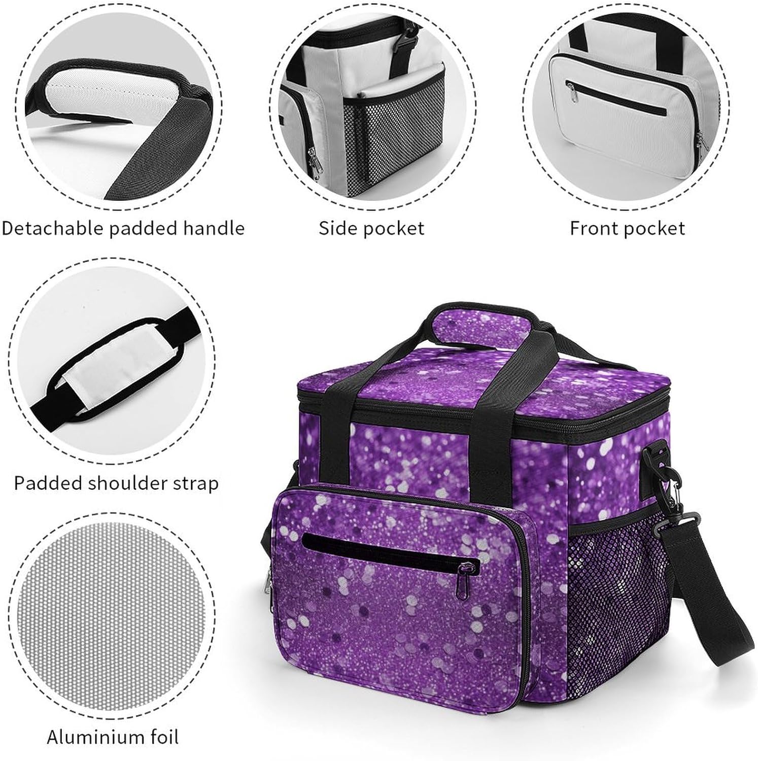 Large-Capacity Oxford Cloth Sparkling Purple Glitter Printed Camping Ice Bag, Outdoor Portable Insulation and Cold Storage Bag, Enjoy A Cool Camping Time