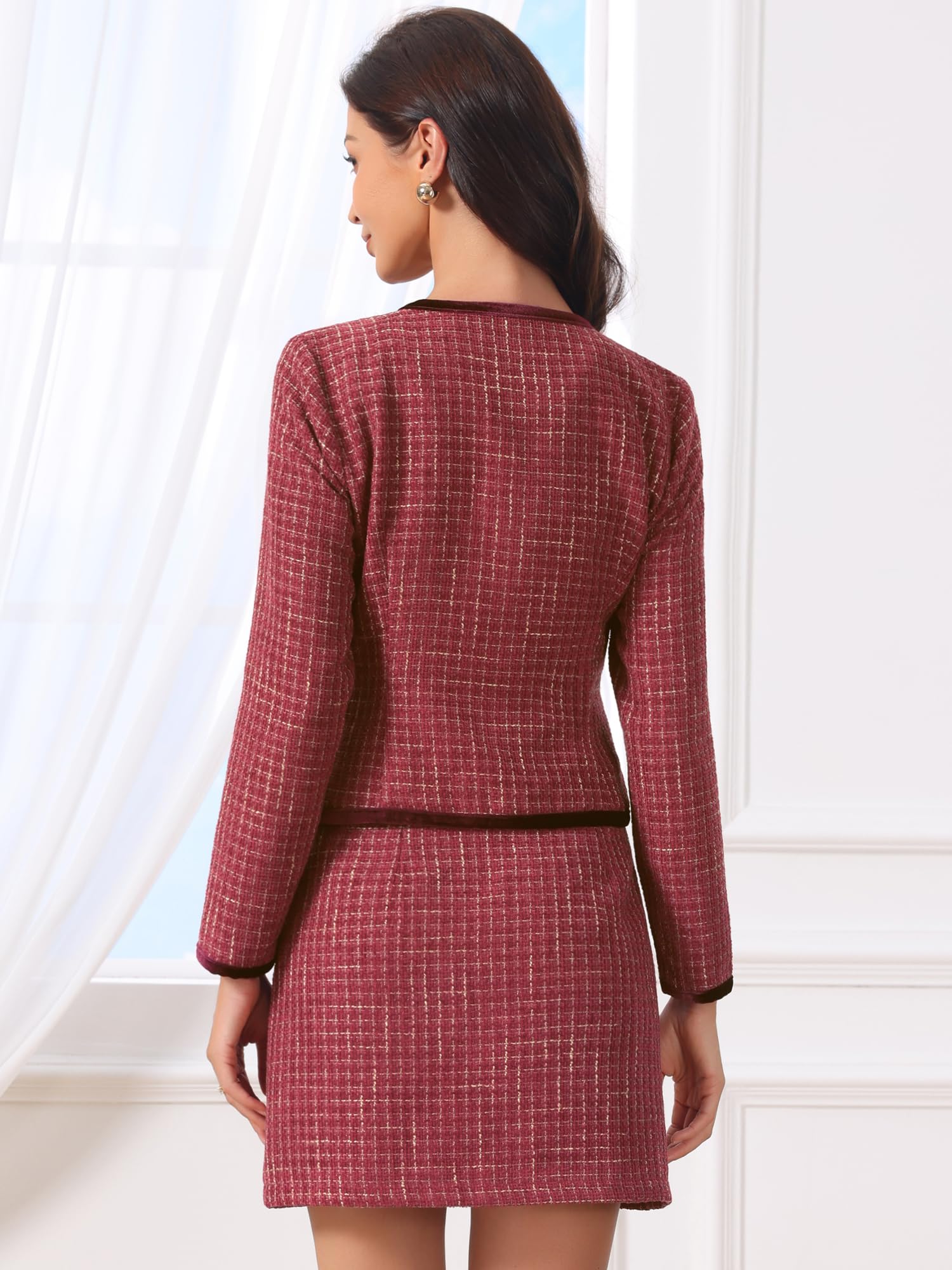 Allegra K Completo da Donna in 2 Pezzi Giacca Blazer Corta in Tweed Scozzese e Gonna