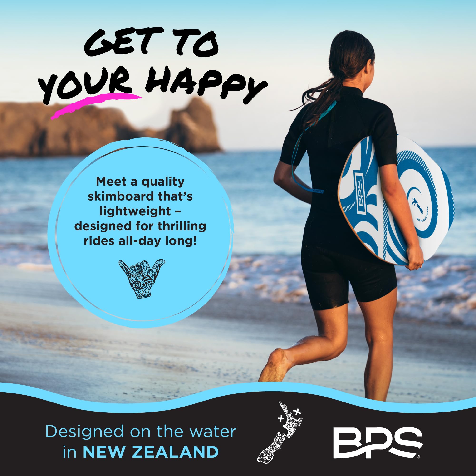 BPS New Zealand 'Koru' Skimboard mit farbigem Eva-Griffpolster und hochglänzendem Klarlack aus Holz für Kinder und Erwachsene, wählen Sie aus 3 Größen und Farbe des Traktionspads