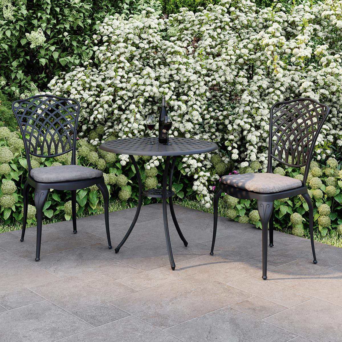 CHARLES BENTLEY Cast Aluminium Bistro Round Table And 2 Chairs Set, Black, Outdoor Table, with Dark Grey Cushions, Garden, Patio, With Central Hole For Parasol, Weatherproof, Armchairs (70x70x68cm)
