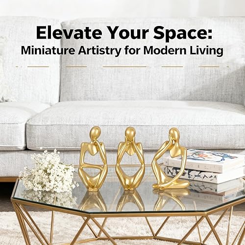Miniatura 2 de Estatua Gold Thinker – Escultura de resina hecha a mano para decoración de escritorio, decoración moderna de oficina y hogar para estantería, mesa