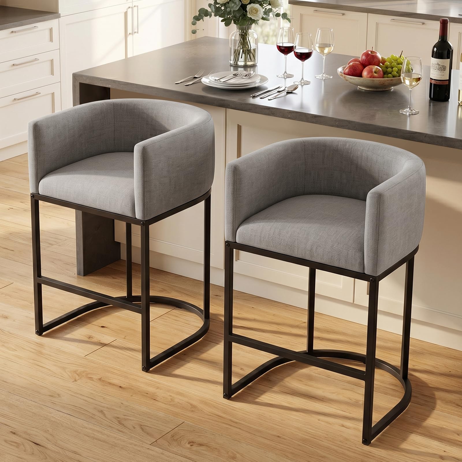 counter height bar stools set of 2, 24 inch seat height barstools for dining room, fabric upholstered bar chair for kitchen island, linen counter stools with metal legs, gray