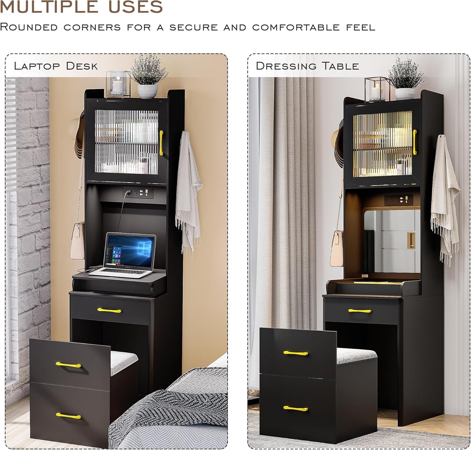 MDGC 3 in 1 Vanity Desk with Mirror and Lights,Tall Makeup Vanity Set with Hidden Stool & Flip-up Mirror, Compact Make Up Vanity and Desk Combo for Small Spaces (Black,1PCS)