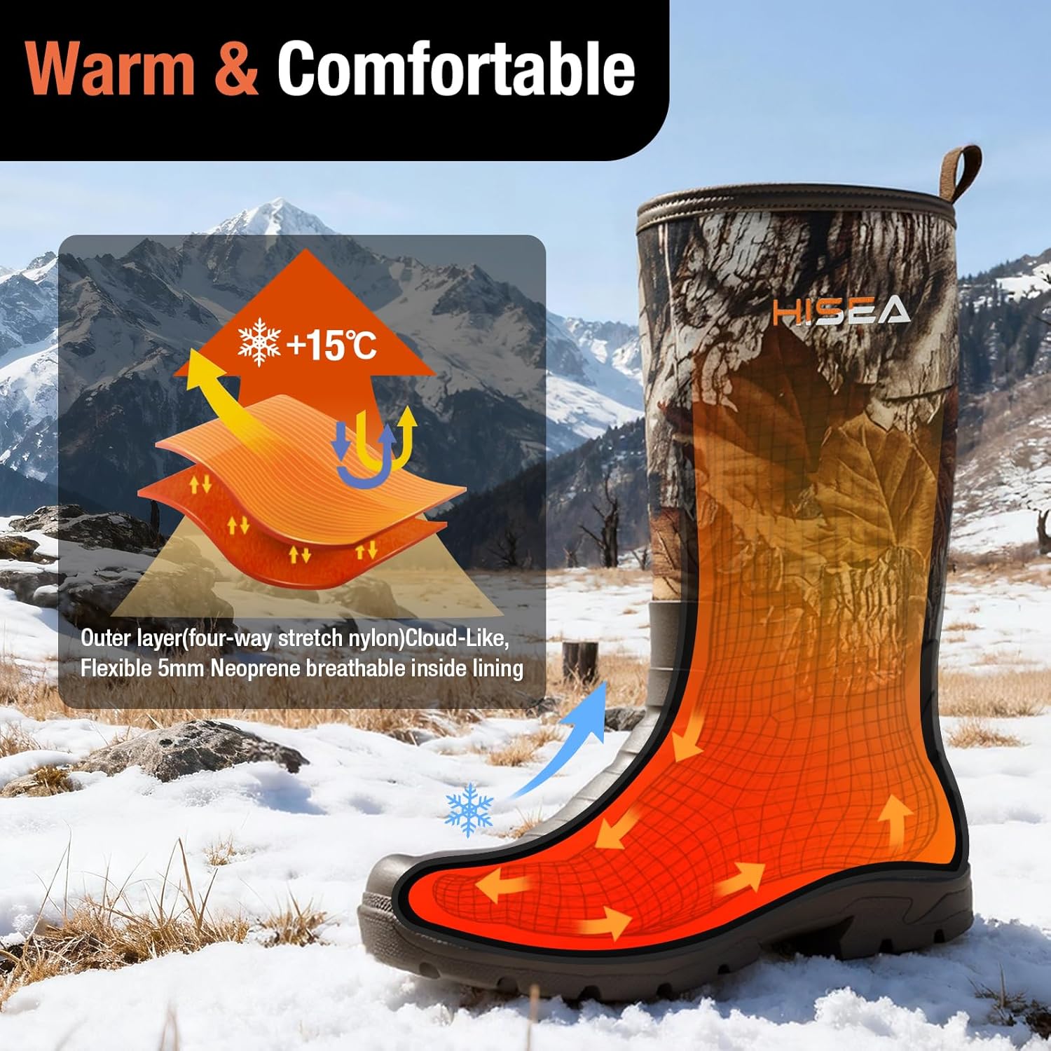 HISEA Men's Neoprene Rubber Rain Boots,Waterproof Insulated Hunting Fishing Mud Boots,Warm Boot with Comfortable Non-Slip Soles Suitable for Outdoor Garden Work - Image 6