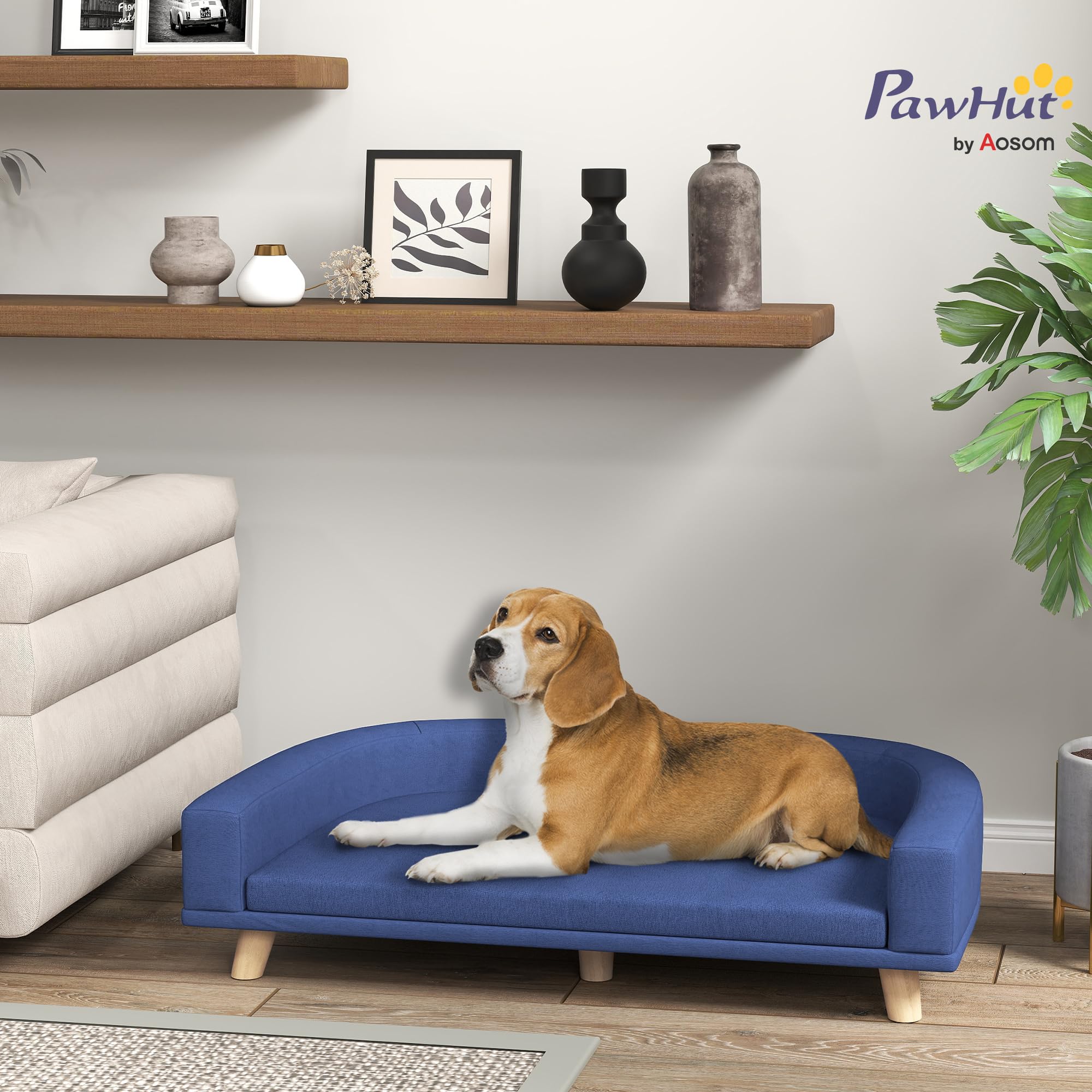PawHut Canapé Chien, Lit pour Chien avec Coussin Déhoussable et Housse Lavable, Design Scandinave en Tissu Polyester avec Pieds en Bois, 98 x 67 x 25 cm, Bleu