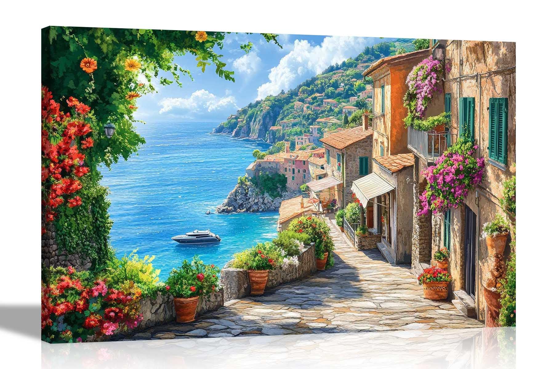 Artley Prints Mediterranean Seascape - View Oil Painting Re-Print Landscape Canvas Prints Wall Art Pictures Living Room Decor 51 X 35Cm (20 X 14 Inches)