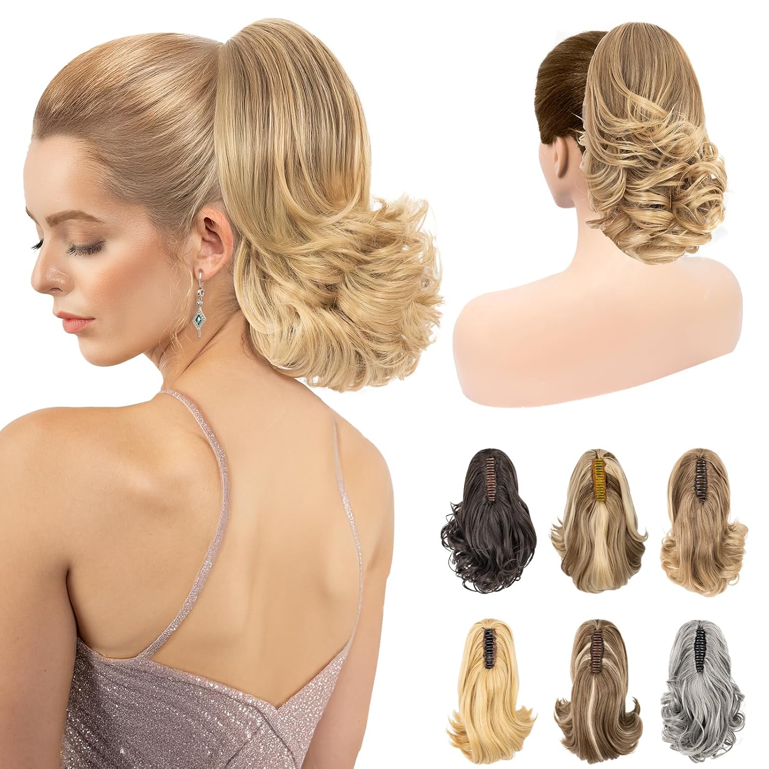 11” Classic Loose Curly Claw Clip In Ponytail Extension, Short Curly Wavy Claw Clip On Ponytails Hair Extensions Hairpieces for Women- Pecan Blonde