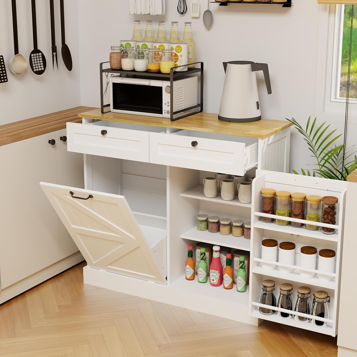 Ball & Cast Kitchen Trash Can Storage Cabinet with 2 Drawers & 1 Tilt Out Trash Cabinet & 1 Door with Storage Rack & 2 Shelves,Wooden Trash Can for Kitchen, Bathroom and Living Room