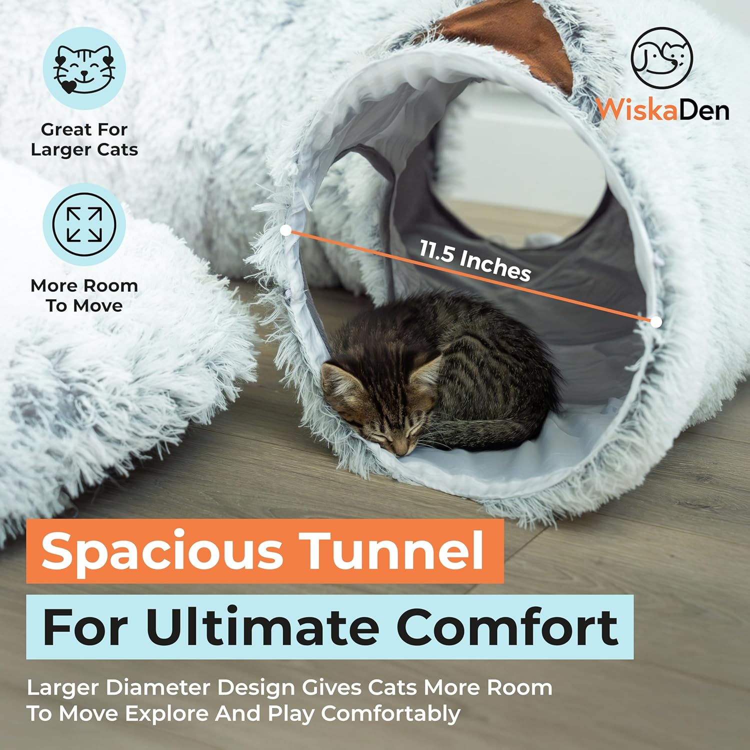 WiskaDen XL Plush Cat Tunnel Bed with Toy and Elderly Feline Access. 3-in-1 Light Grey Fluffy Donut Cushion with Ears. Circle Tube for Indoor Cats Leisure, Hiding Spot, Dog Bed, or Rabbit Cave