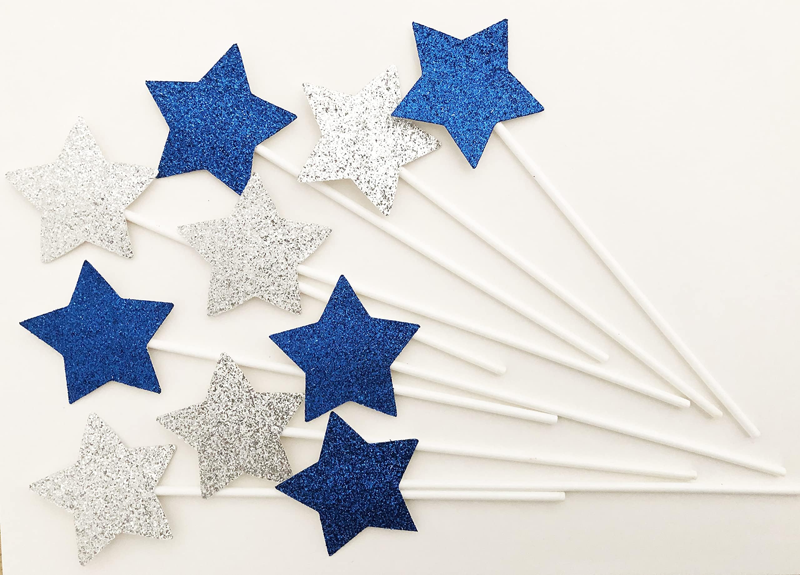 AILEXI Handmade 10 Counts Glitter Cake Toppers for Decorating Frozen Cupcake Toothpicks - 5 Dark Blue & 5 Silver Stars