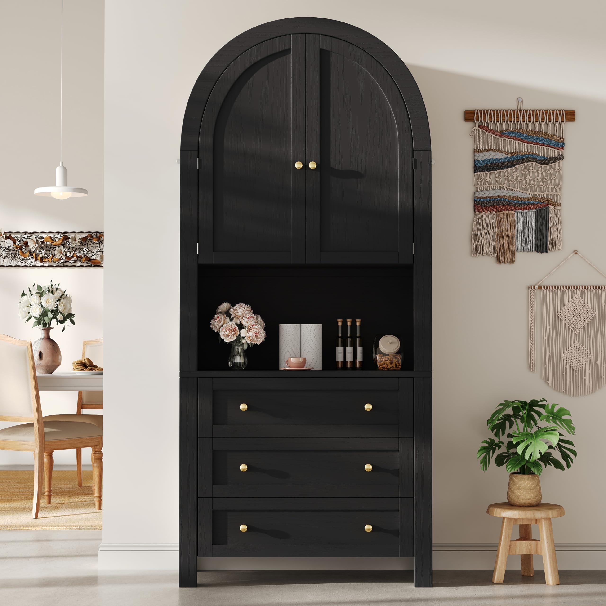 Merax Armario alto de 180 cm, armario multiusos con 2 puertas, 3 cajones, armario de almacenamiento abierto, armario de vitrina para salón, oficina, cocina, armario de cocina de arco alto, color negro