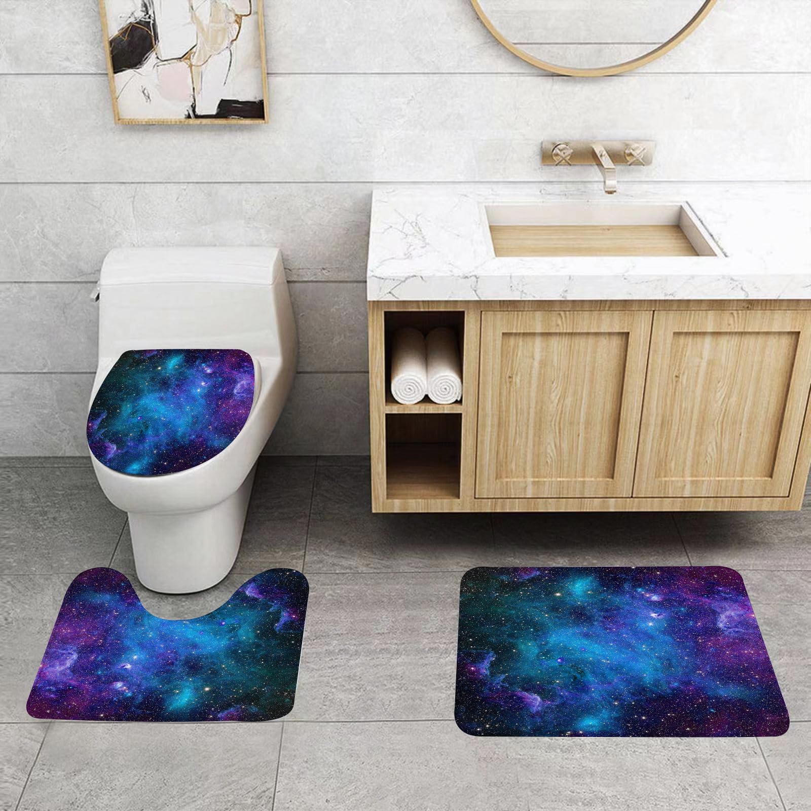 Set di 3 tappetini da Bagno, Lavabili in Lavatrice e Antiscivolo, in Morbida Fibra Superfine, con Motivo Cielo Stellato.
