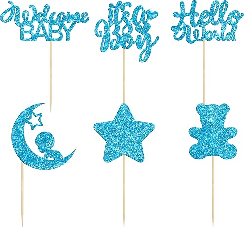 Miniatura 3 de Gyufise 24 piezas de decoración para cupcakes con luna con purpurina de oso de estrella It's a Boy Welcome Baby Shower Cupcake Picks para revelación