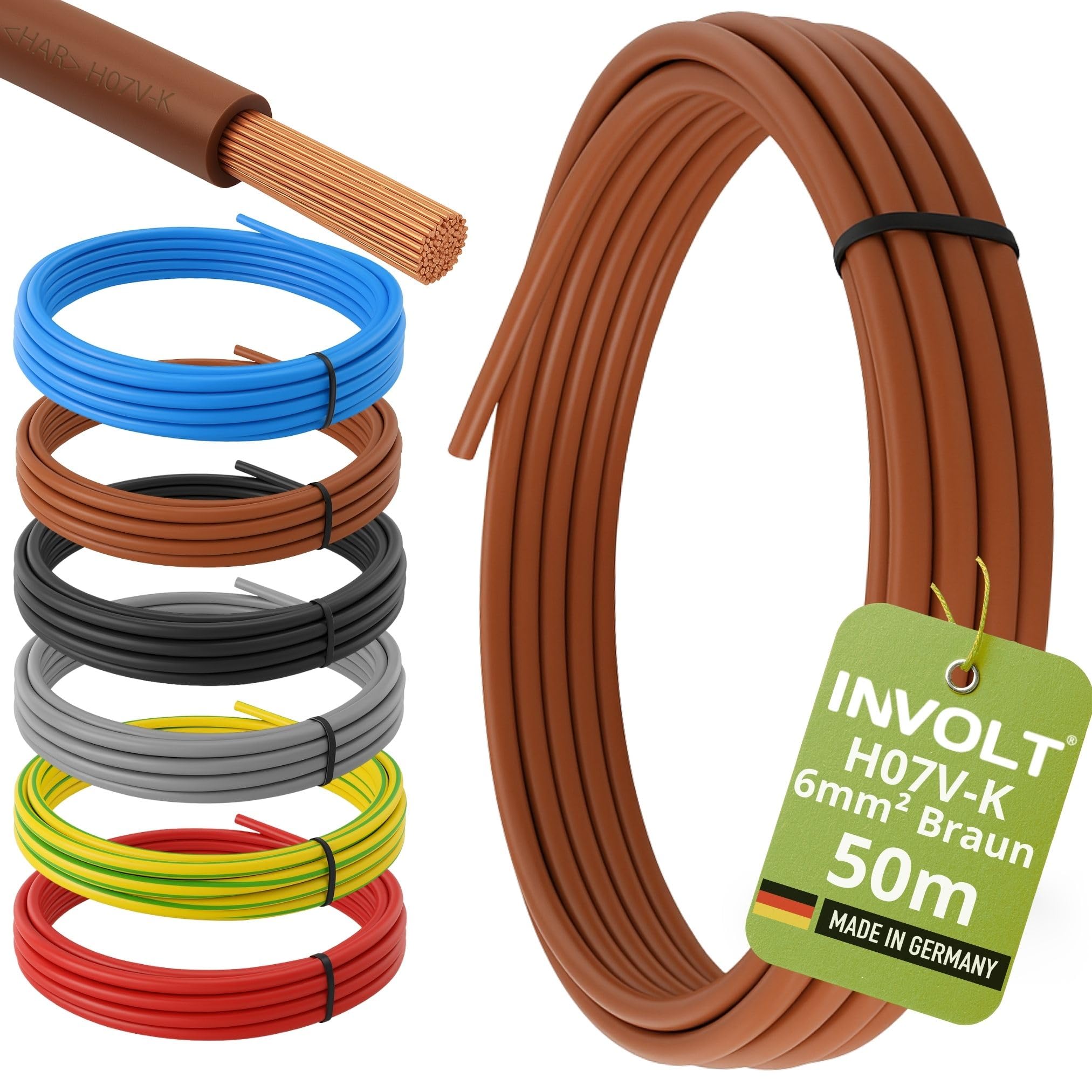 H07V-K 50m 6mm ² Brown Single Core Cable Flexible Wiring Line PVC Metre, Made IN Germany