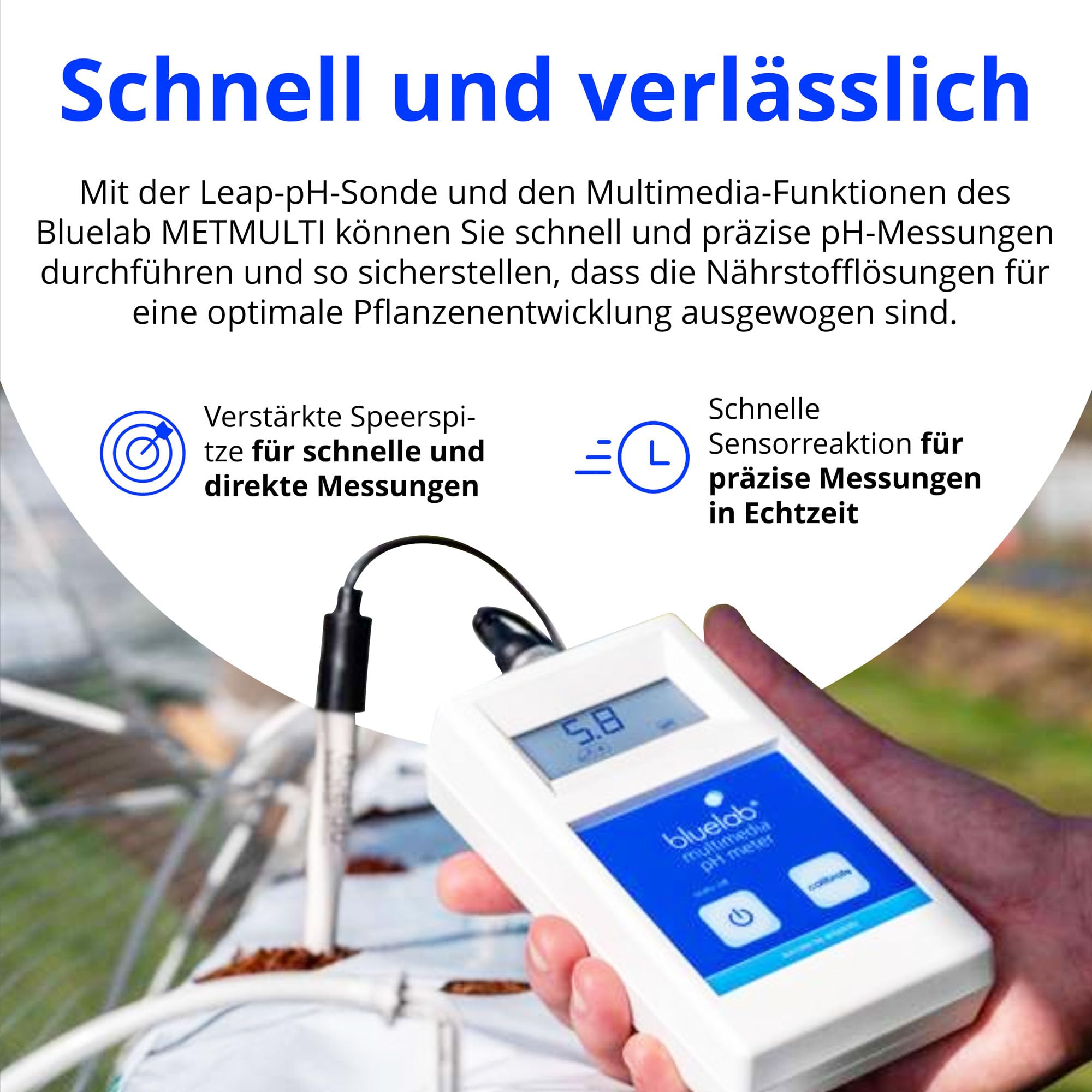 Bluelab METMULTI Multimedia PH-Meter - Digitales Handmessgerät für hydroponische Nährstoffe und Boden PH-Meter zur Messung der PH-Werte in Nährstofflösungen und Boden
