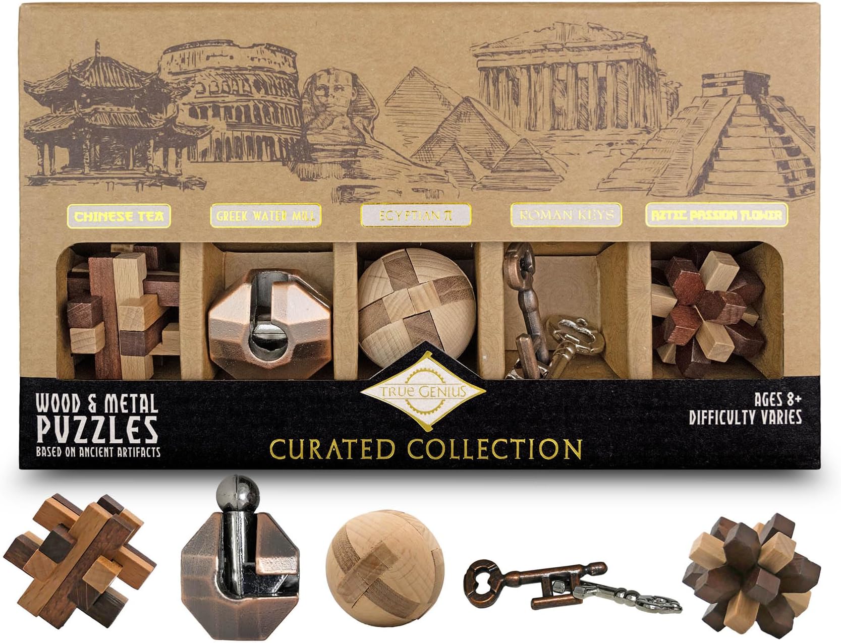 True Genius CURATED Collection – Variety Pack, Assembly Puzzle, Disassembly Puzzle, Brain teasers, Adult Puzzle, Wooden and Metal Brain Teasers