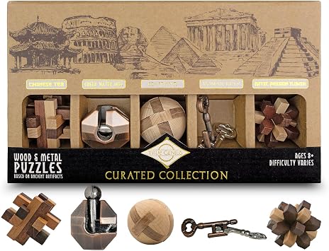 Project Genius True Genius CURATED Collection Variety Pack, Assembly Puzzle, Disassembly Puzzle, Brain teasers, Adult Puzzle, Wooden and Metal Brain Teasers