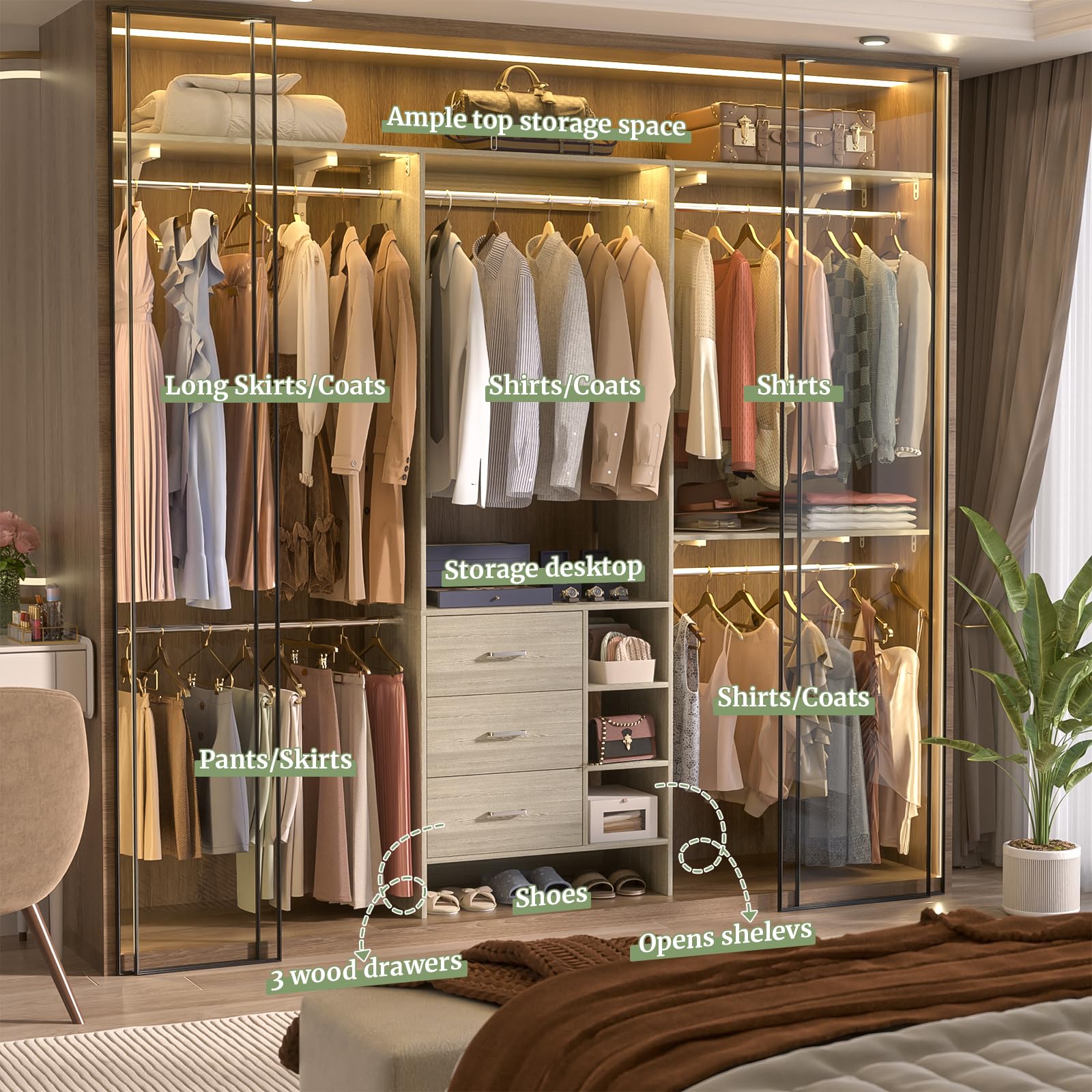 Aheaplus Closet System - 8FT Organizer with 3 Wooden Drawers, Fits 5.3-9 ft Walk-in Closet, White Oak