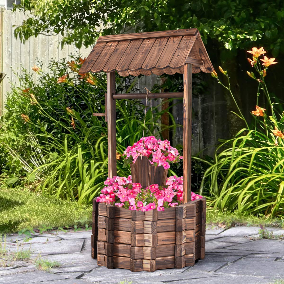 COSTWAY Fontaine de Jardin d'Ornement en Bois de Sapin Traité Carbonisation, Puit de Jardin 56 x 56 x 114 cm avec Seau et Manivelle, Décorative de Jardin