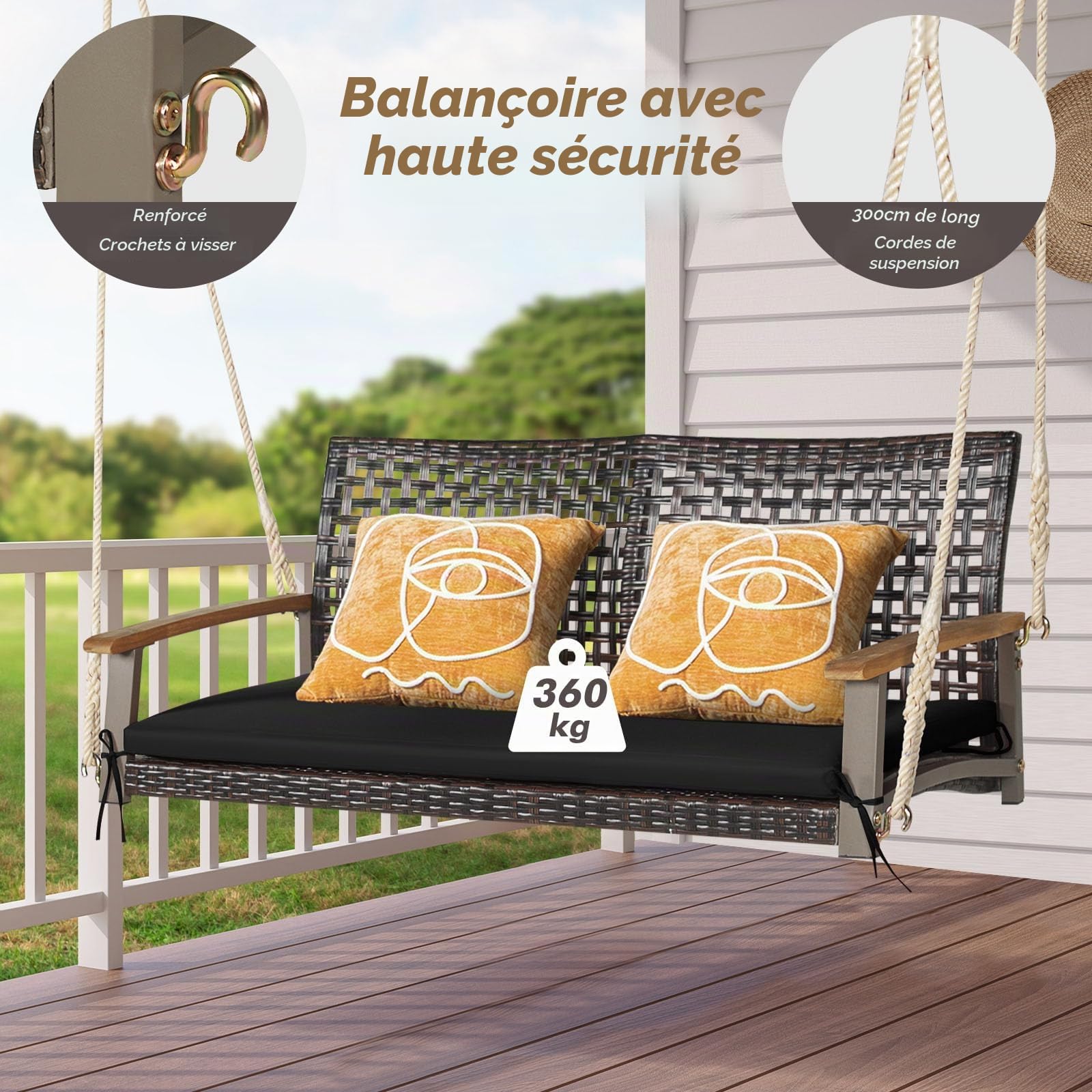 LIFEZEAL Balançoire de Jardin Extérieure 2 Places, Balancelle Suspendue avec Coussin et Cordes, Dossier en Rotin PE & Accoudoirs en Bois, Charge 360 kg, Balcon, Terrasse, Porche (Noir)