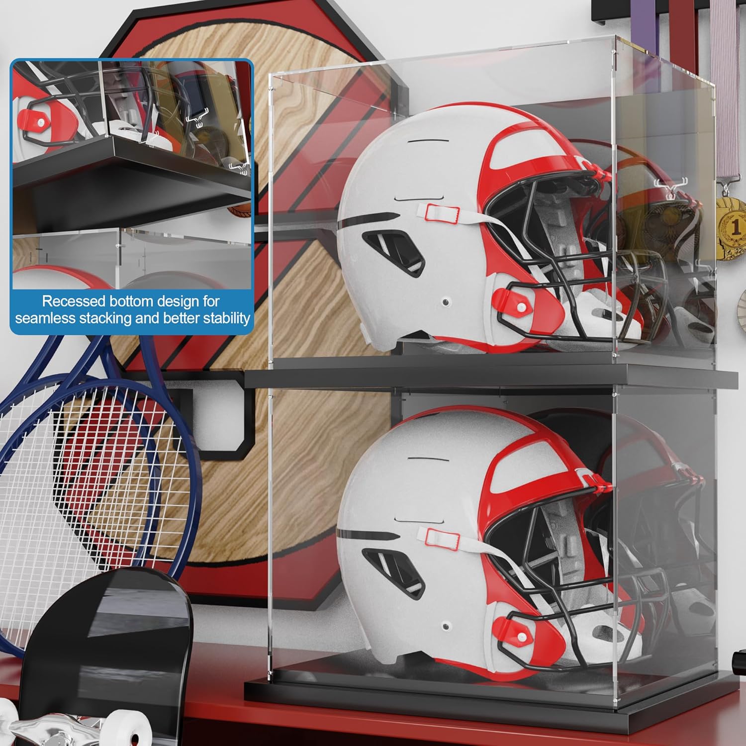 Football Helmet Display Case Full Size with Mirror Back and Black Metal Grooved Base Stackable Dustproof Clear Acrylic Display Case for Basketball Sports Memorabilia