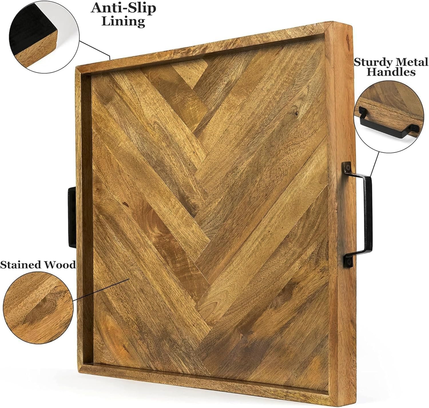 22 x 22 Inches Large Ottoman Wood Tray - with Sturdy Metal Handles and Herringbone/Chevron Pattern Inch Anti-Warp Square Serving Tray for Ottoman Coffee, Living Room, Kitchen (Large 22x22x2)