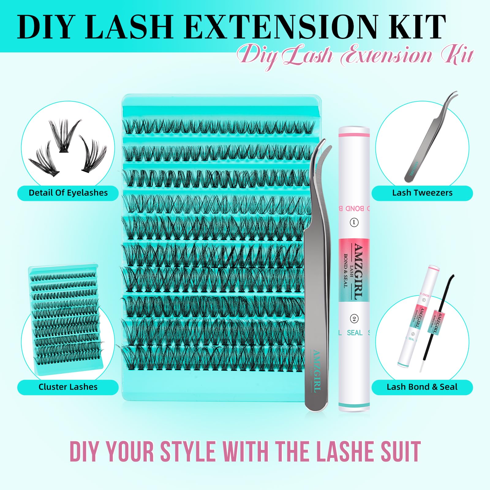 Lash Extension Kit 200pcs Individual Lash Clusters Kit 40D Eyelash Extension Diy D Curl Cluster Lashes Kit with Cluster Lashes Wispy,Waterproof Lash Bond and Seal,Eyelash Extension Tweezers - Image 2