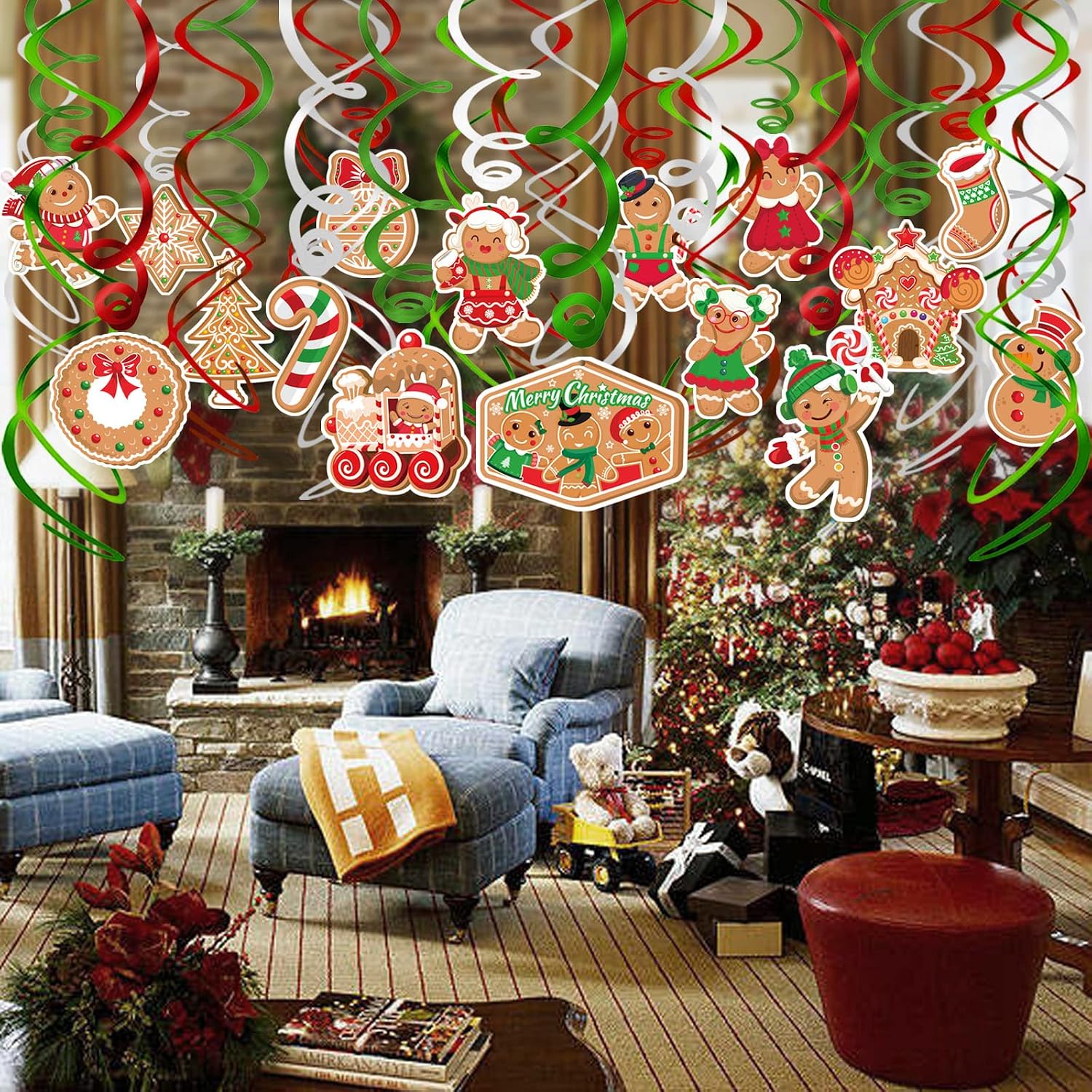 HOWAF 30 pcs Christmas Hanging Swirl Decorations, Merry Xmas Peppermint Candy Gingerbread Man Foil Christmas Swirls Ceiling Decor for Christmas Tree Xmas Holiday Party Supplie