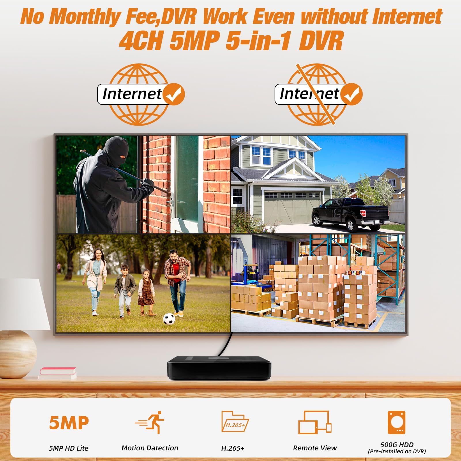 4-kanałowy rejestrator wideo CCTV z 500 GB HDD, 4 Ch 5MP H.265+ DVR video rejestrator do analogowych kamer XVI AHD TVI IP, DVR do systemu monitorowania kamery bezpieczeństwa, aplikacji mobilnej i