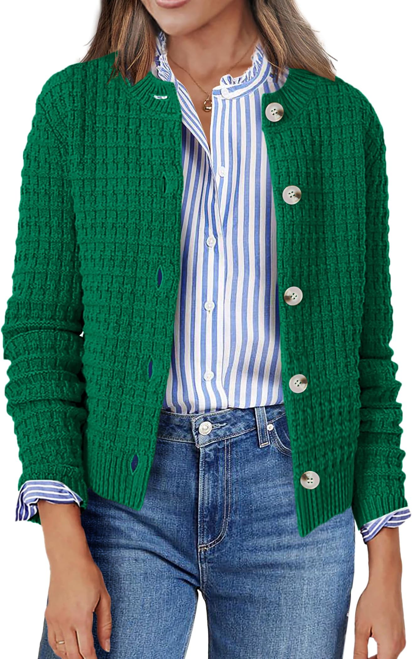 Women's 2026 Cardigan Sweaters Button Down Crew Neck Open Front Long Sleeve Knit Cropped Jackets
