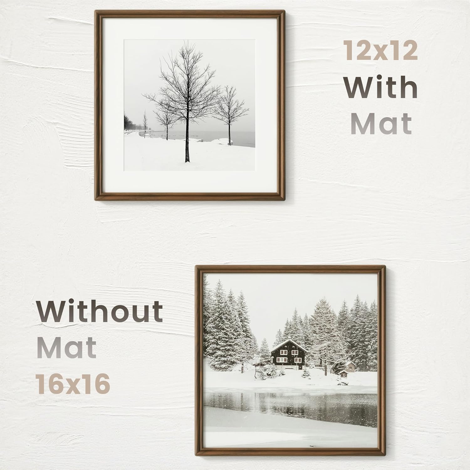 16x16 Picture Frame, USA-Sourced Natural Solid Walnut Wood Photo Collage Frame with HD Tempered Glass, Rounded Corner 16 x 16 Wooden Frame Matted to 12x12, Gallery Wall Frames for Art
