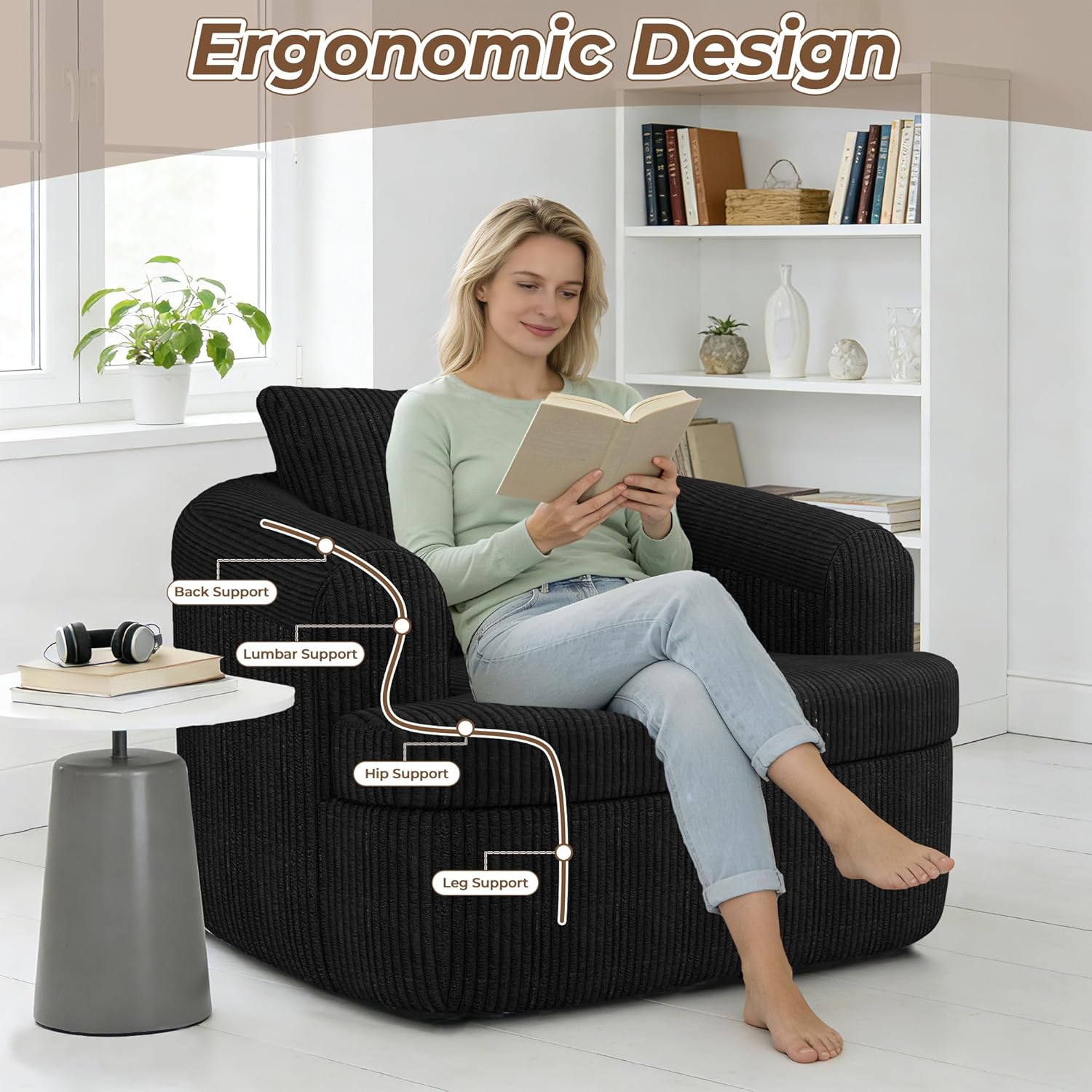 36.6" Swivel Accent Chairs Set of 2, 360 Degree Oversized Swivel Barrel Chair for Living Room, Modern Corduroy Upholstered Accent Armchair Comfy Boneless Sofa Chair for Bedroom, Black