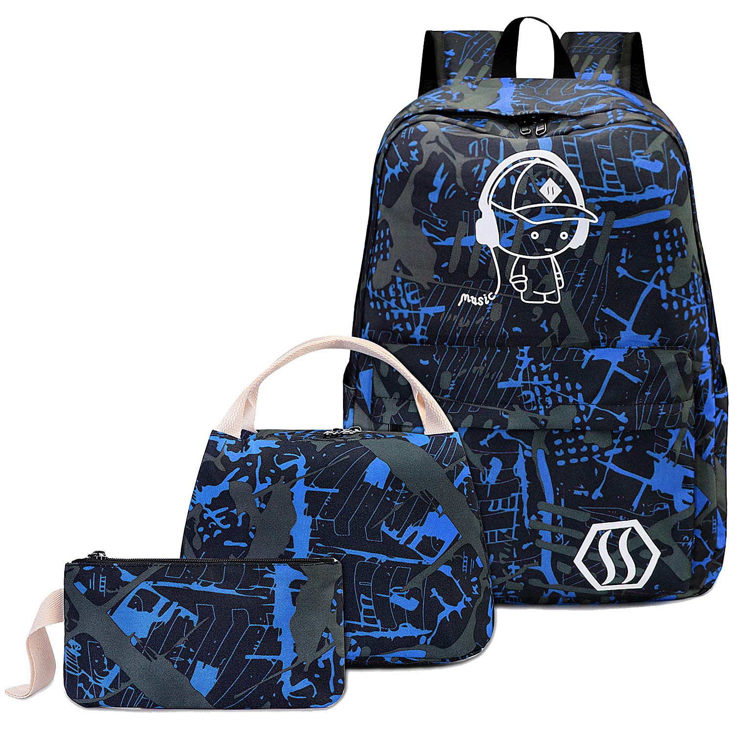 School Backpack for Boys Kids Teen School Bags Bookbags with Lunch Box and Pencil Case Blue