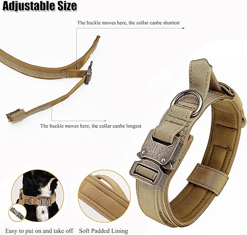 Miniatura 6 de Collar táctico para perro, collar ajustable de nailon para entrenamiento militar con mango de control y hebilla metálica de liberación rápida pesada