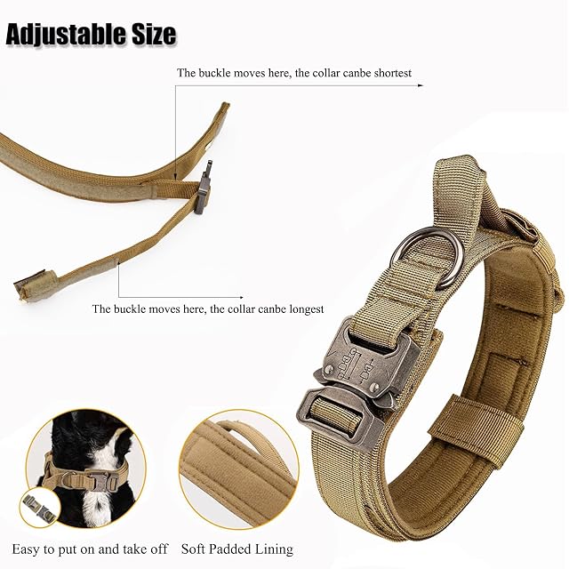 Foto 6 de 7 de Collar táctico para perro, collar ajustable de nailon para perro con mango de control y hebilla de metal…