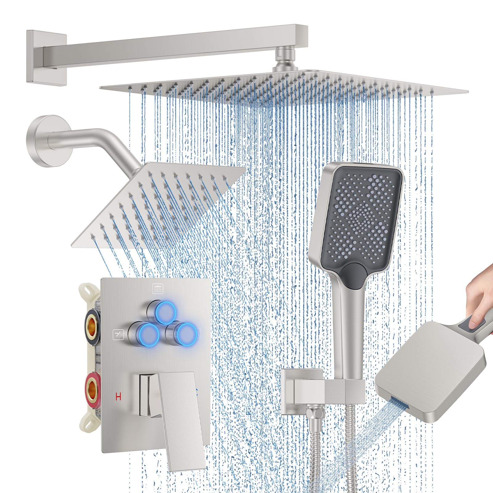 Woindo Shower Faucet Set, 12" Wall Mount Rainfall Shower System with 2 Rain Shower Head and Multi-function Handheld Head Push Button Diverter Shower Faucet Trim Kit