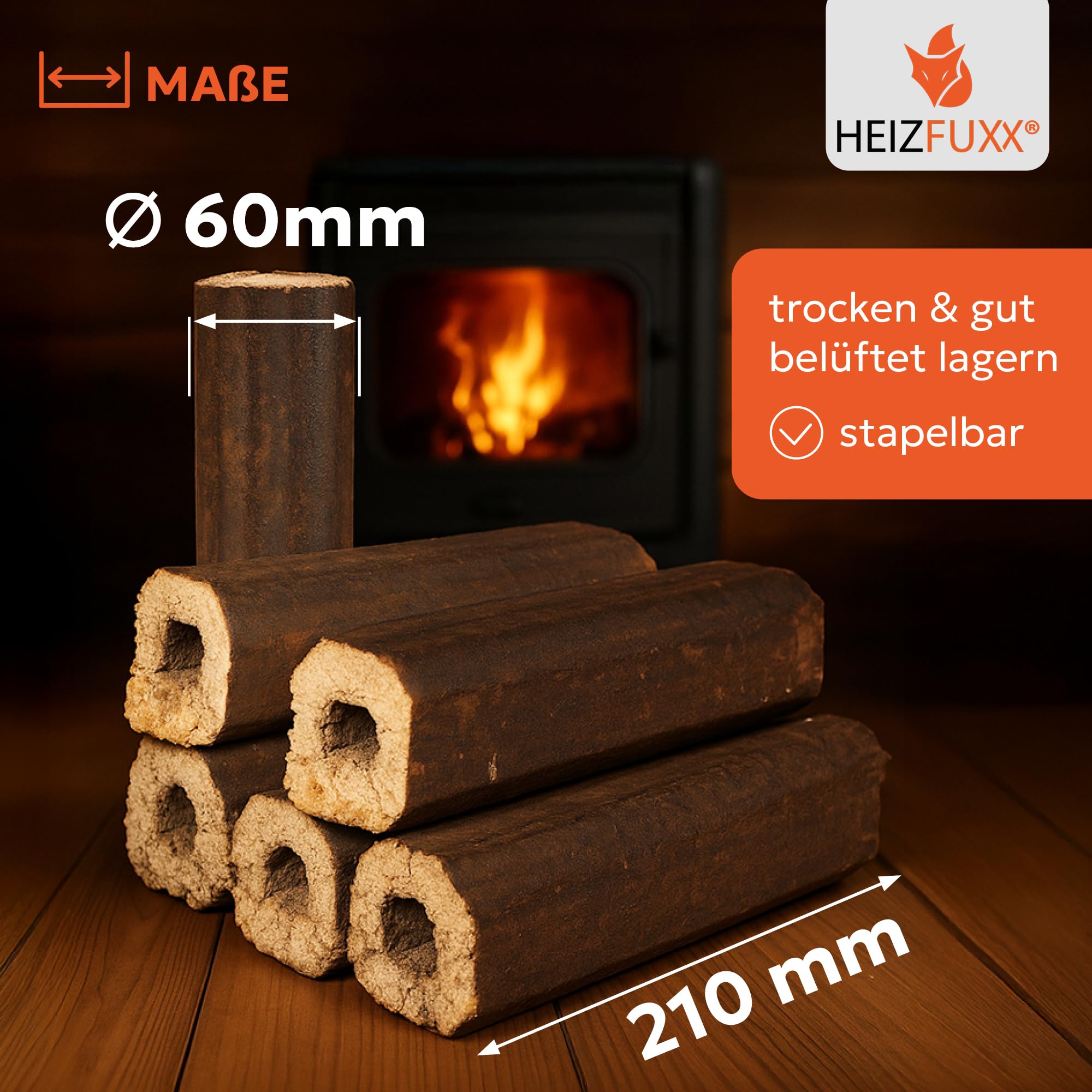 HEIZFUXX Holzbriketts PiniKay Octagon - Hartholzbriketts Palette 960 kg (96x10 kg) - Briketts mit Zugloch für Kamin, Heizkessel & Ofen - Schnell entzündbar, hoher Heizwert & geringer Aschegehalt