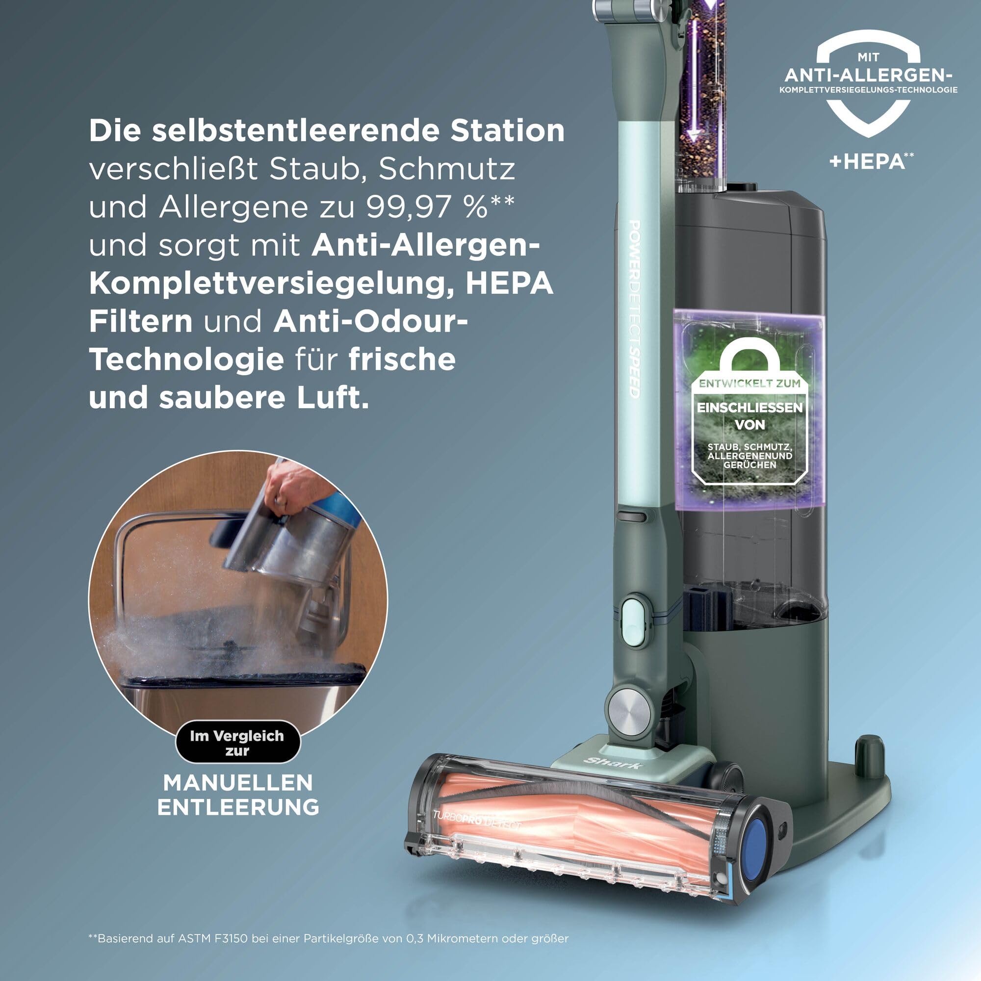Shark Detect Speed Clean & Empty Pet Pro Akku-Staubsauger, Reverse Clean, bis zu 60 Minuten Laufzeit, inklusive selbstentleerender Ladestation und Tierhaaraufsatz, Salbeigrau IA3243EUT